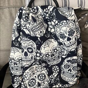 Sugar Skull Print Backpack in Navy & White